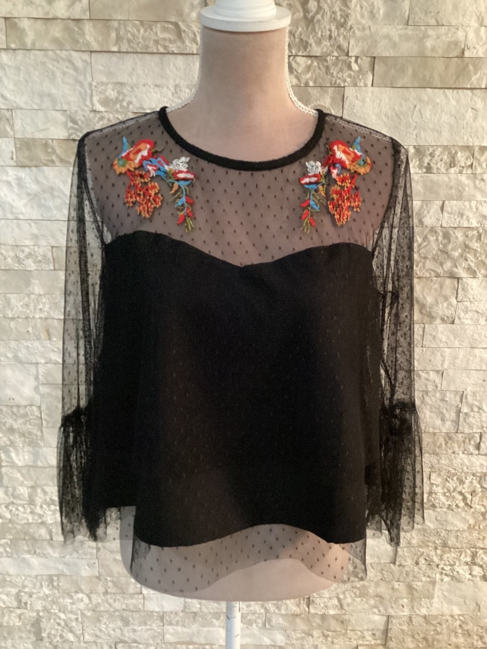 True Destiny Black Sheer Polka Dot Mesh Blouse